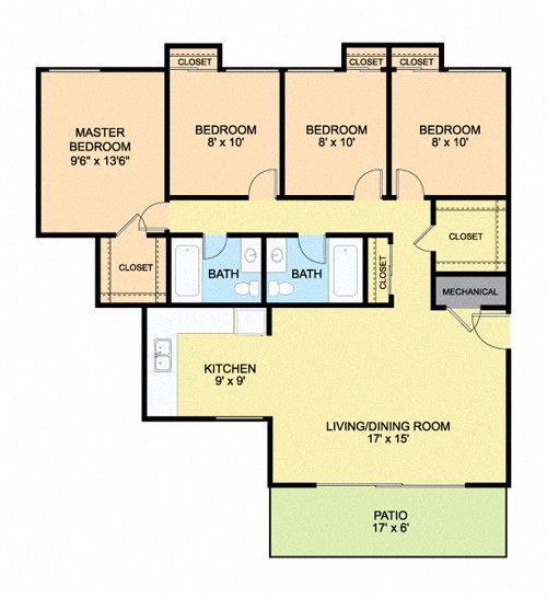 Floor plan for 4 beds, 2 baths, 827 sqft